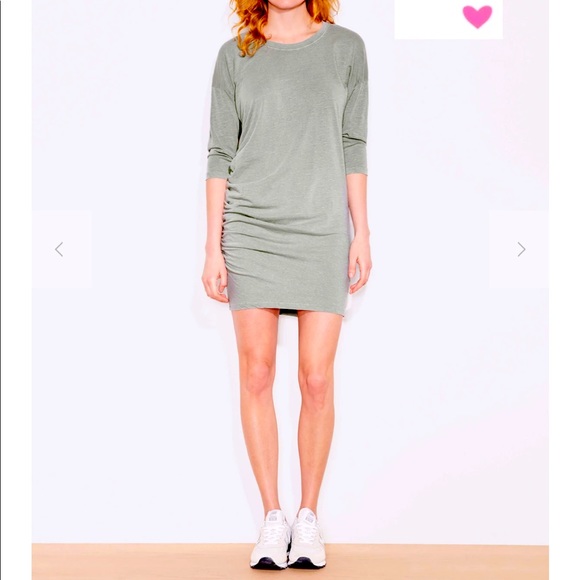 SUNDRY Dress Green Side Shirred Mini Dress Moss Army Three Quarter Sleeve Cotton - Picture 8 of 9